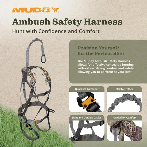 Vista 2 de Muddy Hunting Tree Stand Safety Systems Lightweight Padded Nylon Whitetail Deer Quick-Release Ambush Optifade Elevated II Harness
