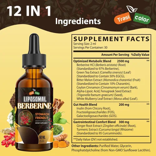 Vista 9 de Suplemento de berberina liposomal, 3000 mg Gotas de complejo de berberina, 2.0 fl oz Berberina HCl con canela de Ceilán, melón amargo, cúrcuma