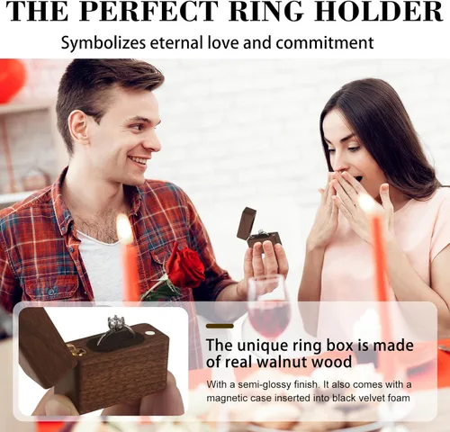 Vista 6 de Caja de madera para anillos de compromiso para propuesta, regalo para el día de la boda, caja de almacenamiento de anillo de regalo de compromiso
