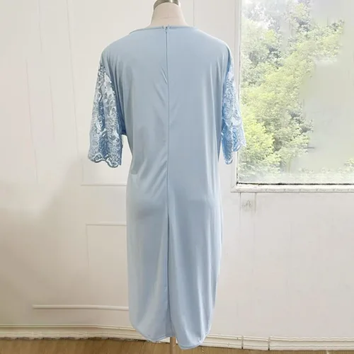 Vista 9 de Vestido de talla grande elegante floral bordado midi para mujer, cuello redondo, manga corta, detalles de encaje, fiestas perfectas, bailes