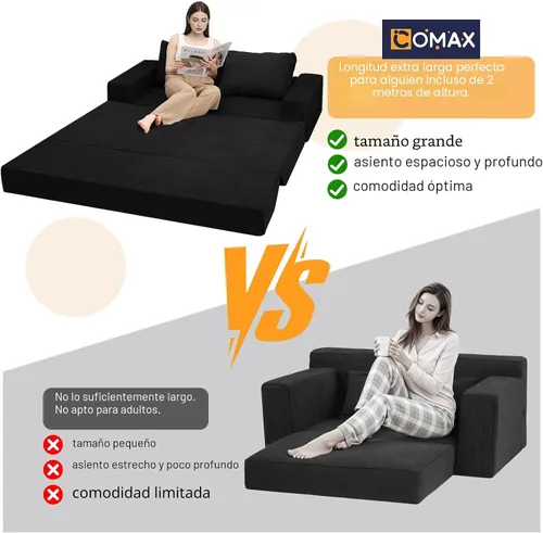 Vista 3 de COMAX Sofá Cama Convertible Queen, Sofá de Piso Plegable de Pana Sofá Cama Extraíble Futón Sleeper con Almohadas, Sofá Plegable Sin Huesos Cómodo