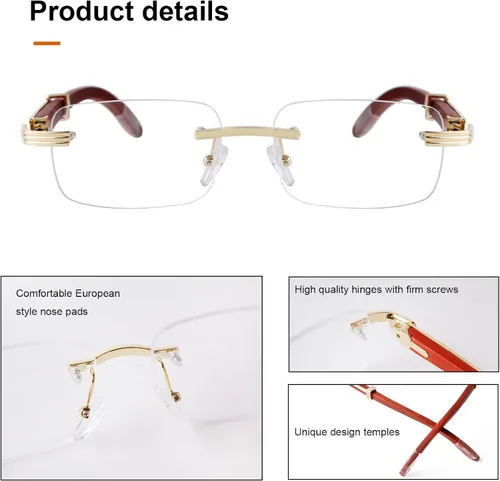 Vista 4 de Piscm Gafas de sol de madera con templo gafas de sol sin montura para hombres gafas planas con luz azul