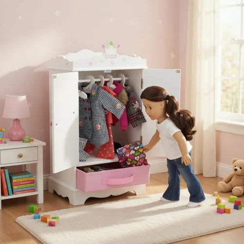 Vista 7 de Emily Rose Armario de muñecas de 18 pulgadas con 5 perchas con muescas, colección de muebles Wish Crown, se adapta a la ropa y accesorios de muñecas