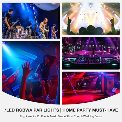 Vista 6 de Par de luz LED para escenario: 70 W RGBWA 5 en 1 LED par puede activar por sonido múltiples modos por control remoto y control DMX para eventos