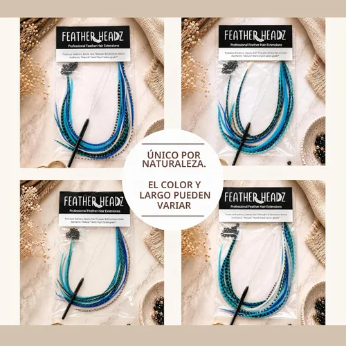 Vista 4 de 21 extensiones de cabello de color azul, kit de gallo de 9 a 14 pulgadas de largo, con 20 cuentas de microenlace, plumas 100% reales, estilo bohemio