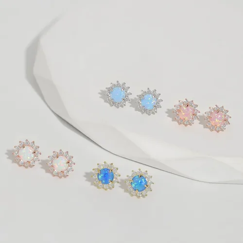 Vista 9 de Aretes de ópalo de fuego blanco de 0.177 x 0.177 in, delicados aretes redondos de ópalo con piedra natal de octubre, aretes de ópalo delicados