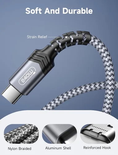 Vista 6 de JSAUX Cable USB C de 240 W de 6.6 pies, cable USB C tipo C de carga rápida para MacBook, iPad, Dell XPS, iPhone 17/iPhone Air/iPhone 17 Pro Max, Gris