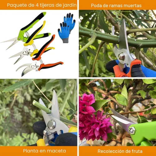Vista 2 de Tijeras de podar, paquete de 4 tijeras de jardín con guantes de jardinería, cortadoras manuales, tijeras de jardín de acero inoxidable, podadoras