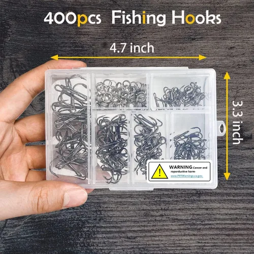 Vista 6 de Paquete de 200 ganchos agudos de pesca, ganchos de acero de alto carbono, fuertes y afilados, curvados redondos con anillos divididos para señuelos