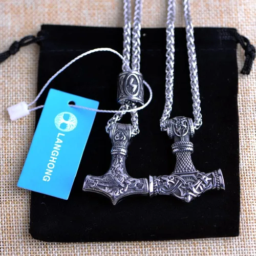 Vista 5 de Collar de martillo de Thor vikingo nórdico Mjolnir para hombre, joyería de talismán