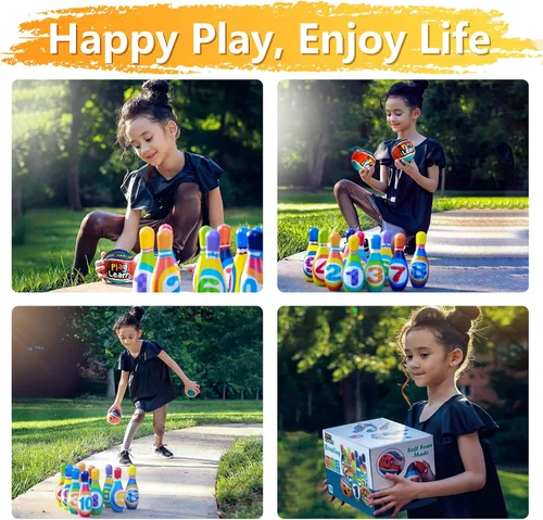 Vista 2 de iPlay, iLearn Juego de juguetes de bolos para niños, juego de actividades para interiores y exteriores, juego de 10 pines de espuma suave y dos