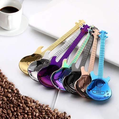 Vista 7 de Cuchara de café Cuchara de oro Herramienta creativa para beber de acero inoxidable Vajilla en forma de guitarra Negro Cubiertos (Plata)