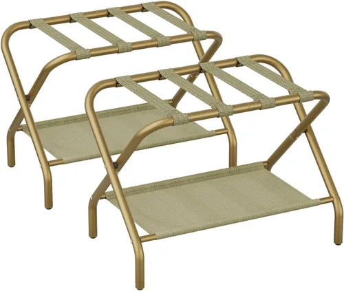 Vista 7 de Smart FENDEE Portaequipajes dorado para habitación de invitados, soporte plegable para maleta con estante de almacenamiento, soporte de equipaje