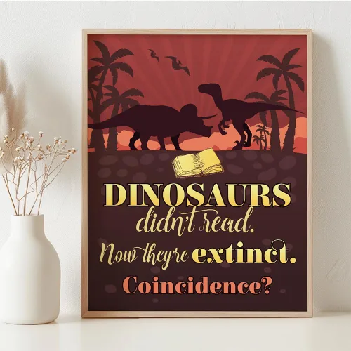 Vista 3 de Dinosaurs Didn't Read Now They're Extinct 11x14 Framed Poster – Funny Reading Wall Art, Retro Classroom Library Decor, Educational Print for