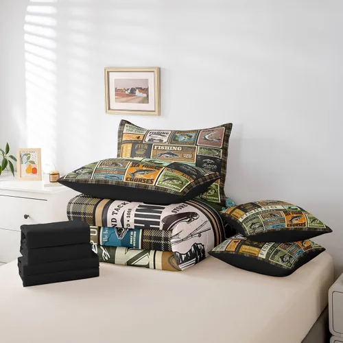 Vista 64 de Feelyou Juego de edredón de ciervo con sábanas – Tamaño Queen 7 piezas Juego de ropa de cama infantil de caza rústica – Cama de ciervo de cabaña