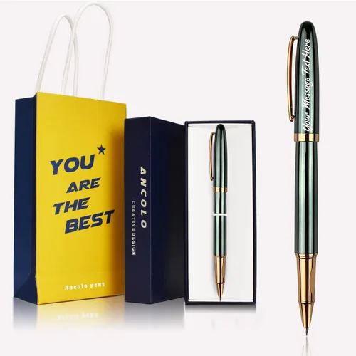 Vista 10 de Ancolo Pluma estilográfica personalizada con cuerpo de metal con caja para bolígrafos, 2 cartuchos de tinta negra personalizados con tu mensaje