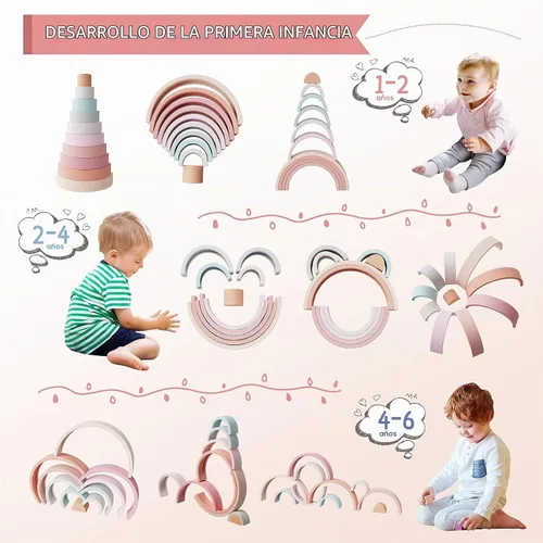Vista 3 de MCGMITT Juguete apilable de arcoíris, apilador de arcoíris de silicona para niños pequeños, bloques de anidación Montessori, juego de juguetes a Rosa