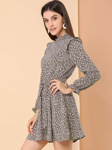 Vista 2 de Allegra K Vestido floral vintage con cuello alto y cinturón para mujer