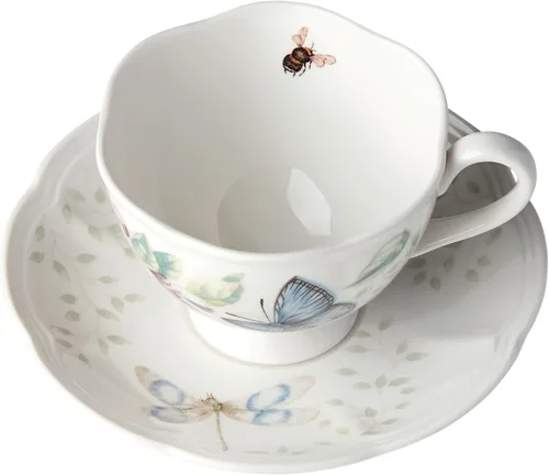 Vista 2 de Lenox Taza y platillo de porcelana Meadow, 1.3 libras, mariposa azul
