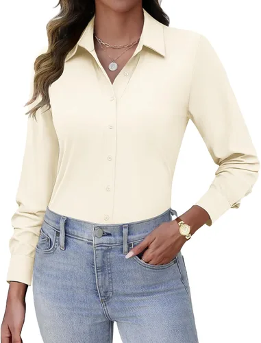 Vista 10 de HOTOUCH Camisas con botones para mujer, de manga larga, elásticas, sin arrugas, blusas de trabajo, ajustadas, para la oficina