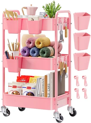 Vista 14 de Carrito pequeño de 2 niveles beige con ruedas, carrito de pañales para artículos esenciales para el cuarto de bebé, carrito de metal para debajo