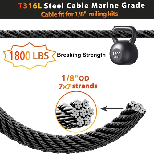 Vista 2 de Steel DN Mate Cuerda de alambre negro de 100 pies, cable de acero inoxidable de 1/8 pulgadas para sistema de barandilla de cable de cubierta