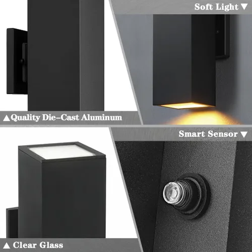 Vista 5 de SHIMR Luces de pared para exteriores modernas al atardecer al amanecer, aplique exterior cuadrado negro mate con bombillas incluidas, iluminación