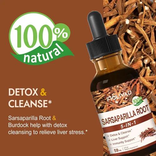 Vista 2 de Gotas de raíz de zarzaparrilla para desintoxicación y limpieza, apoyo hepático y apoyo inmunológico. Mezcla natural con extracto de equinácea