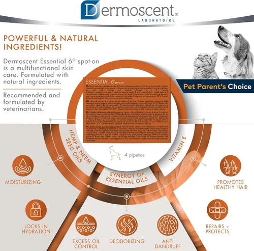 Vista 5 de Dermoscent Essential 6 spot-on - Cuidado de la piel para perros con caspa y alivio de alergias con aceite de vitamina E - Antipicazón para perros