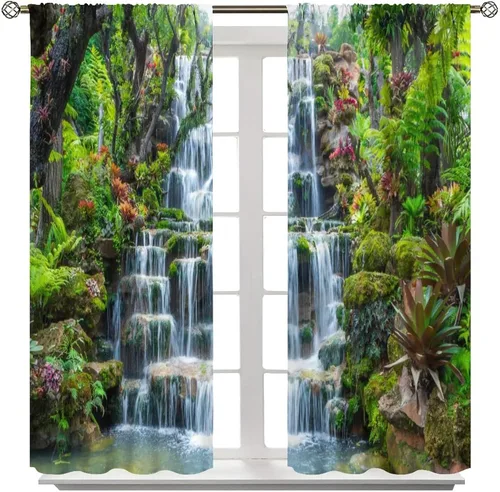 Vista 3 de Cortinas de ventana de cascada 3D, paisaje natural, cascada junto al lago, estampado de bosques verdes, decoración del hogar, dormitorio, sala