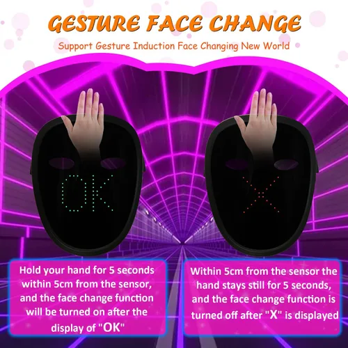 Vista 5 de COOLGUARDER - Máscara LED con detección de gestos, máscara facial transformadora con luz para fiesta de disfraces de Halloween y Navidad