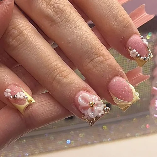 Vista 16 de Uñas postizas a presión con punta francesa, uñas postizas cuadradas cortas con diseños de cuentas de flores 3D, uñas blancas a presión, uñas Blanco