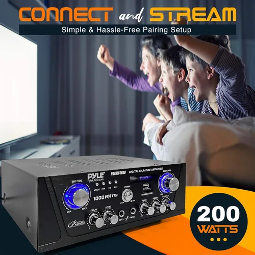 Vista 3 de Pyle Amplificador de karaoke digital Bluetooth para el hogar, receptor de audio para el hogar de 600 W con pantalla LED, ventilador
