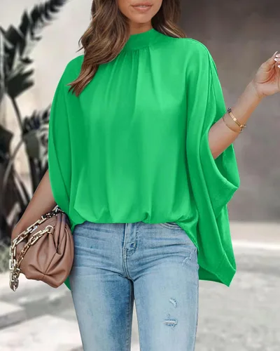 Vista 44 de BTFBM Blusas de verano para mujer, cuello alto falso, manga murciélago, holgadas, dobladillo alto y bajo, blusas informales de gran