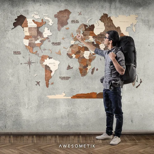 Vista 6 de AWESOMETIK Mapa del mundo de madera 3D multicolor 3D, mapa de madera del mundo, fácil instalación con cinta de doble cara, incluye complementos