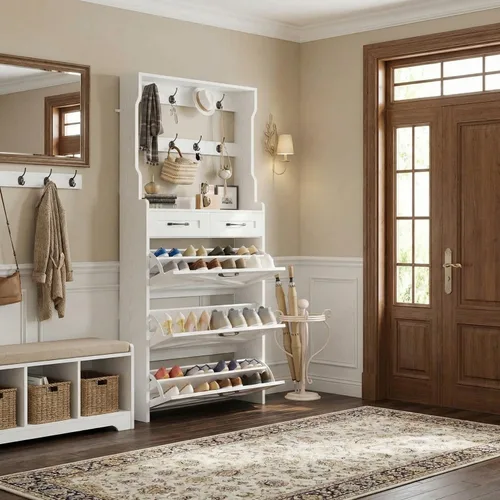 Vista 8 de IRONCK Gabinete Alto para Zapatos con 3 Cajones Abatibles, Gabinete de Almacenamiento para Zapatos para Entrada con Perchero, Organizador de Zapatos