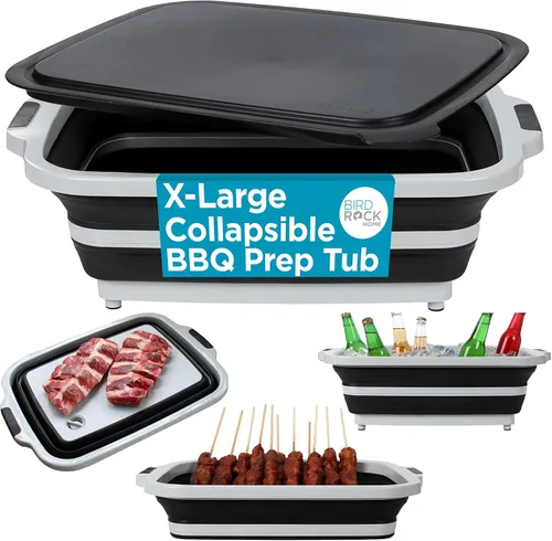 Vista 12 de BIRDROCK HOME Tina plegable grande de preparación para barbacoa con tabla de cortar, organizador de parrilla multifunción con colador y tapa, cuenco