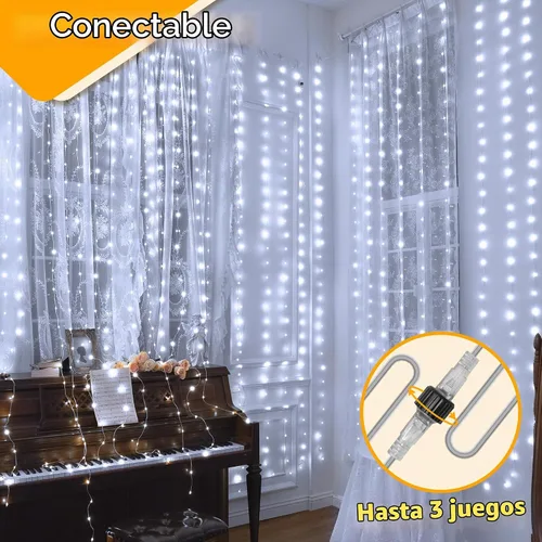 Vista 6 de Ollny Luces de Cortina 300LED 9.8ftx9.8ft, Conectables IP67 Impermeables para Exteriores con Control Remoto, Luces de Hadas Enchufables Sin Enredos