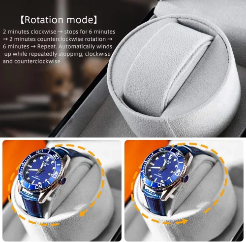 Vista 6 de Bobinadora automática de un solo reloj con motor japonés silencioso, en carcasa de madera y cuero negro, adaptador de CA o funciona