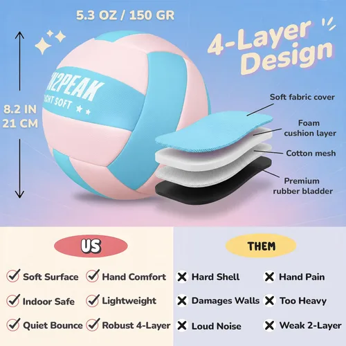 Vista 6 de RUN2PEAK Voleibol Súper Suave y Ligero - Pelota de Voleibol de Tela Segura y Silenciosa para Juego Interior - Tamaño Oficial 5 para Niños Jóvenes