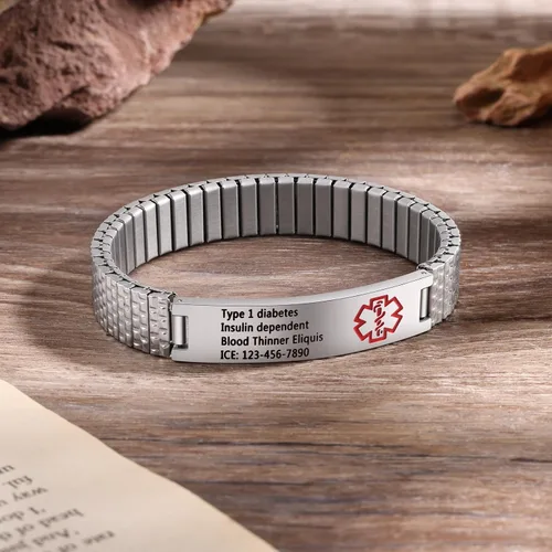 Vista 4 de Jewelstruck Pulsera de alerta médica de 7.5 a 9.8 pulgadas para mujeres y hombres, pulsera médica de emergencia, pulsera de identificación