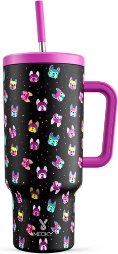 Vista 60 de Meoky - Vaso de 30 oz con asa, tapa y pajilla, taza de viaje térmica de acero inoxidable 100% a prueba de fugas, para portavasos, mantiene el frío