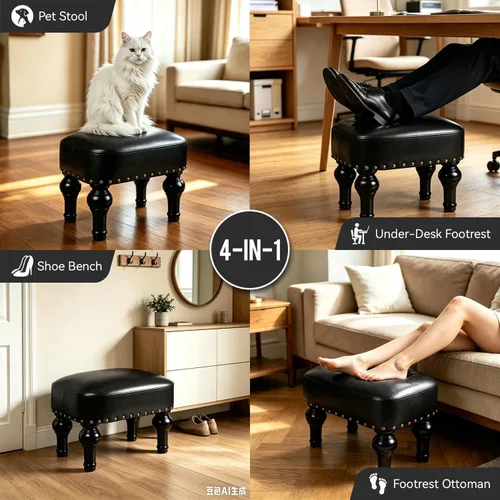 Vista 4 de Reposapiés de cuero otomano de madera, asiento rústico para pies, reposapiés de madera, reposapiés rectangular pequeño otomano para dormitorio, sala