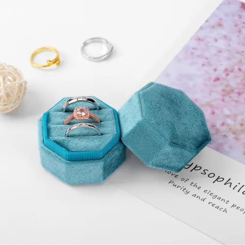 Vista 6 de Caja para anillos de boda, 3 ranuras de alta calidad, caja de regalo de almacenamiento de anillo de terciopelo, caja de regalo para anillo vintage
