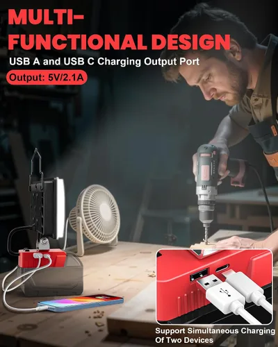 Vista 4 de LIVOWALNY Luces de Trabajo LED Compatibles con Batería Milwaukee de 18V, 100W 10000LM Luz de Inundación de 7" Portátil con Puerto de Carga USB