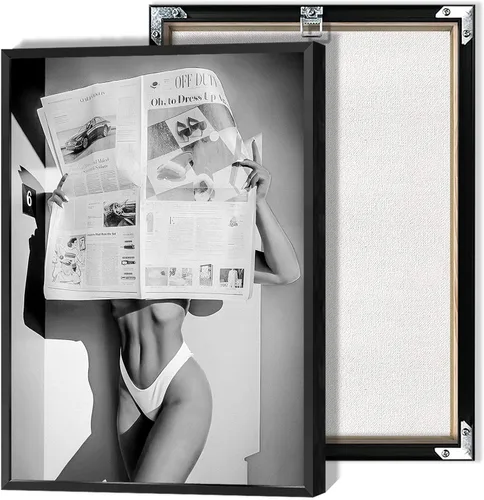 Vista 15 de Lienzo vintage con chica leyendo periódico, vista de la Torre Eiffel, arte de pared retro en blanco y negro, feminista, estética de habitación