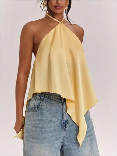 Vista 3 de Verdusa Top halter asimétrico de satén para mujer Amarillo claro