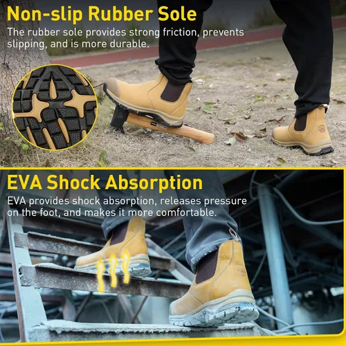 Vista 3 de OUXX Botas de trabajo Chelsea con punta de acero para hombre, botas de seguridad sin cordones, cuero impermeable, suela antideslizante, entresuela