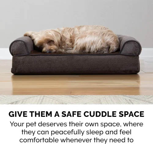 Vista 10 de Furhaven Cama para perro, de espuma viscoelástica, estilo sofá, Sherpa y chenilla, café, M