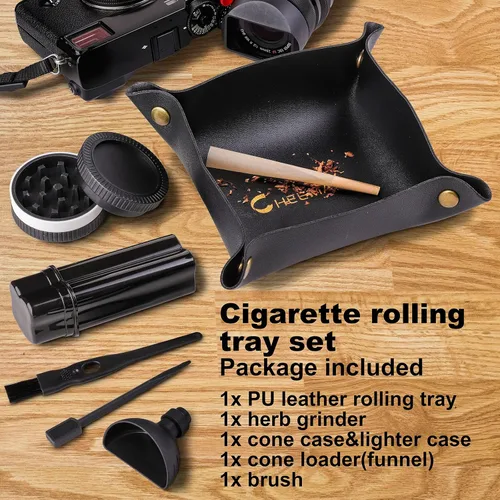 Vista 5 de CHEEMAR Juego de bandeja para enrollar cigarrillos con accesorios (estuche para cigarrillos, cargador de conos y cepillo) - Negro